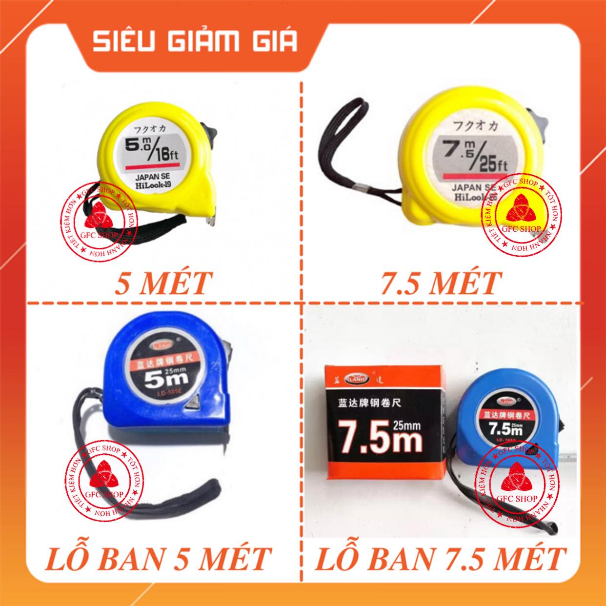 Thước dây rút 5m / 7.5m lỗ ban hoặc không, bằng thép, nhỏ gọn, bền đẹp