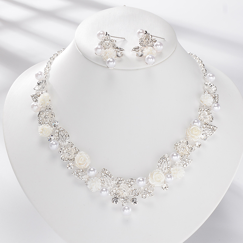 Trang sức cô dâu mori lá hoa trắng rhinestone ngọc trai cô dâu vòng cổ bông tai bộ hai mảnh