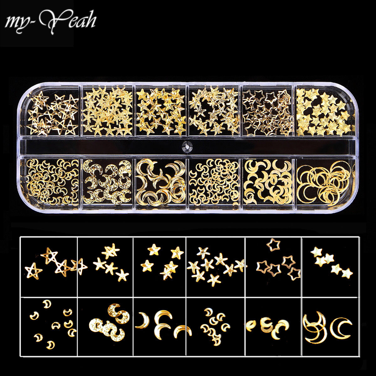 myyeah 12 Đinh Tán Đinh Tán Tự Làm 3D Phong Cách Hỗn Hợp Ngôi Sao Mặt Trăng Kim Loại Màu Vàng Kim Nghệ Thuật Làm Móng, Phụ Kiện Trang Trí Hạt Charm