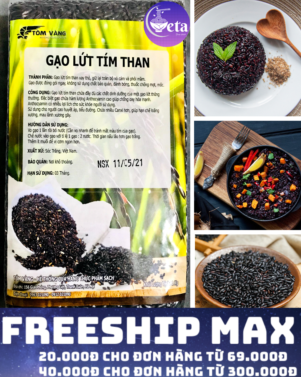 Gạo lứt tím than Tôm Vàng 1kg, gạo lứt đen thơm dẻo- nguyên cám, eatclean, thực dưỡng - hcm, đồng nai