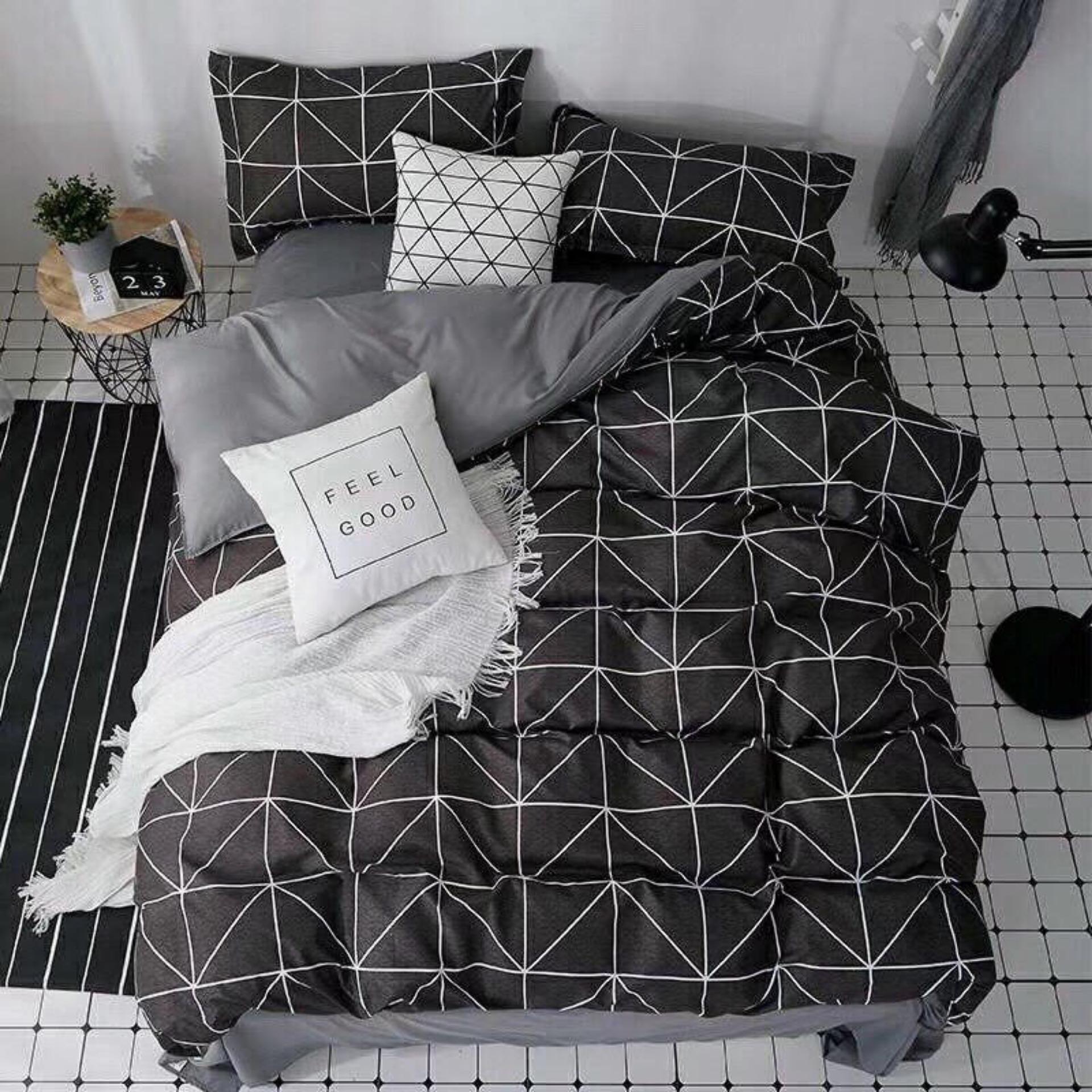 [ MIỄN PHÍ VẬN CHUYỂN ]-Bộ chăn ga gối kẻ chéo xám đen bo chun đủ kích thước.