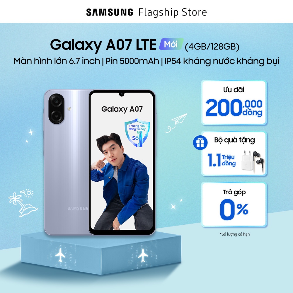 Điện Thoại Samsung Galaxy A07 (4/128GB), Màn Hình Lớn 6.7'', Pin 5000mAh, IP54 Kháng Nước Kháng Bụi
