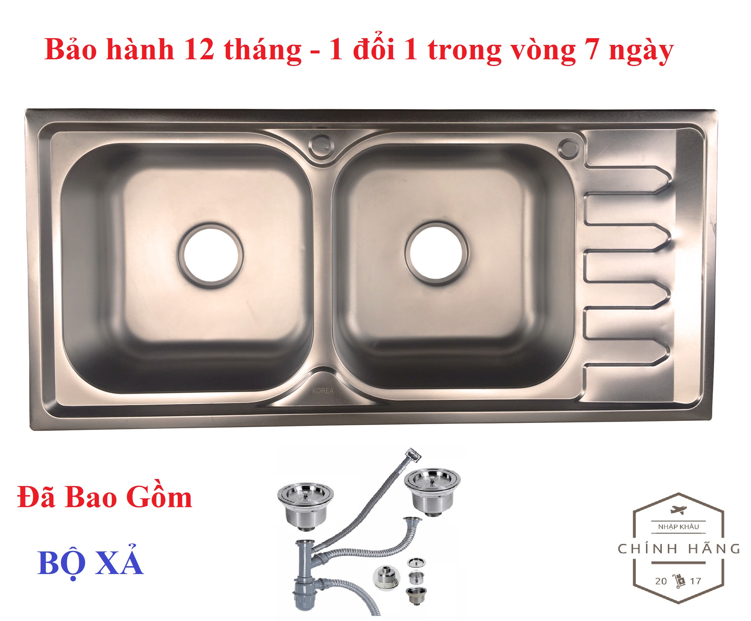 Chậu rửa bát inox KOSKO 100 x 46cm 2 Hố 1 Bàn Đã Bao Gồm Bộ Xả XIPHONG (Bảo hàng 12 tháng - 1 đổi 1 trong vòng 7 ngày) Chưa có vòi rửa