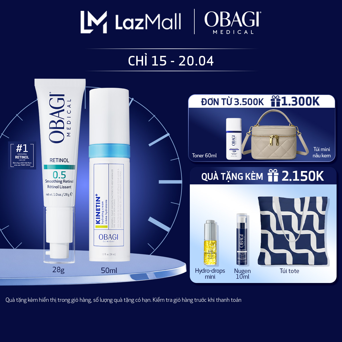 [Phiên bản mới] Bộ đôi Kem chống lão hóa Obagi 360 Retinol 0.5 28g và Kem dưỡng phục hồi làm dịu da Obagi Clinical Kinetin+ Hydrating Cream 50ml