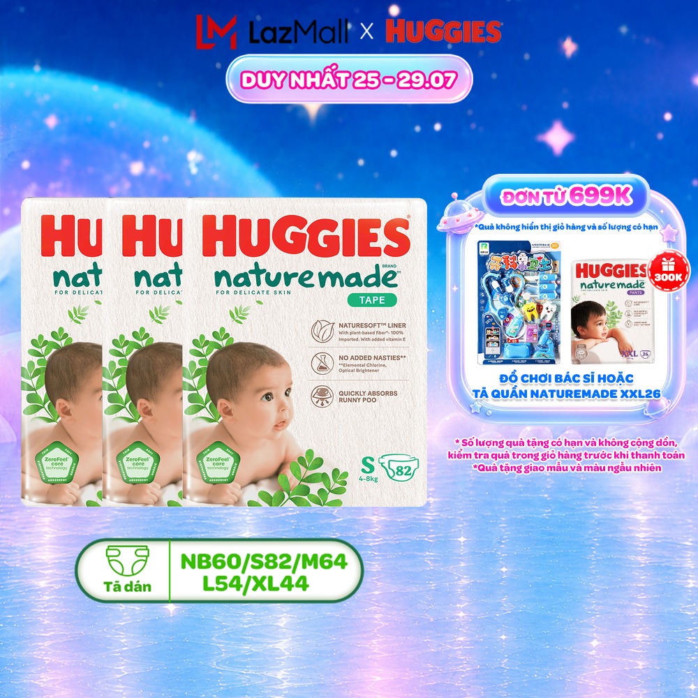 Combo 3 Tã/Bỉm dán Huggies NatureMade M64/L54/XL44