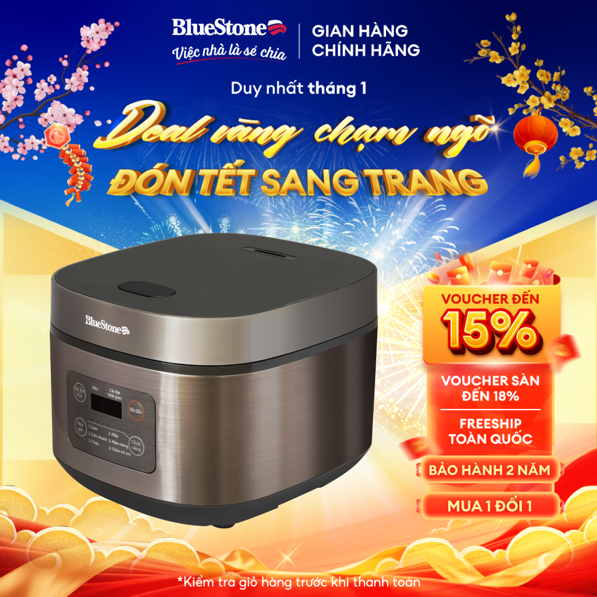 Nồi Cơm Điện Tử BlueStone RCB-5946 (1,5 lít) - 860W - Phù hợp 4-6 người- Lòng nồi phủ chống dính cao cấp an toàn sức khỏe - 6 chế độ cài đặt sẵn - Bảo hành 2 năm - Hành chính h