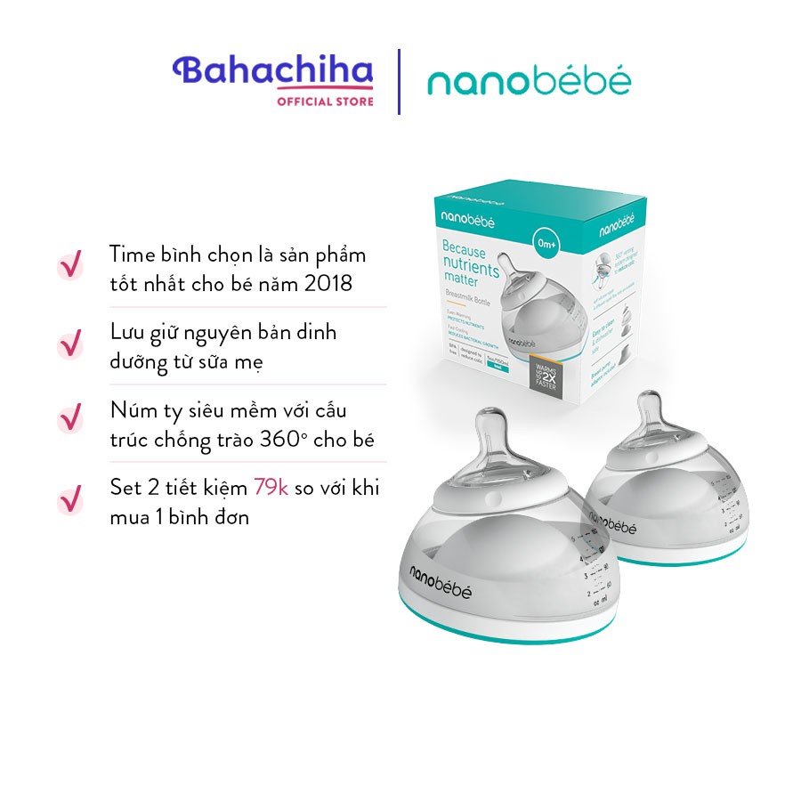 Bahachiha Set 2 Bình sữa Nanobebe 150ml không chứa BPA hình bầu ngực mẹ bình sữa cho bé Nanobebe - Thiết kế đặc biệt, dễ dàng sử dụng, dễ dàng vệ sinh, an toàn cho bé
