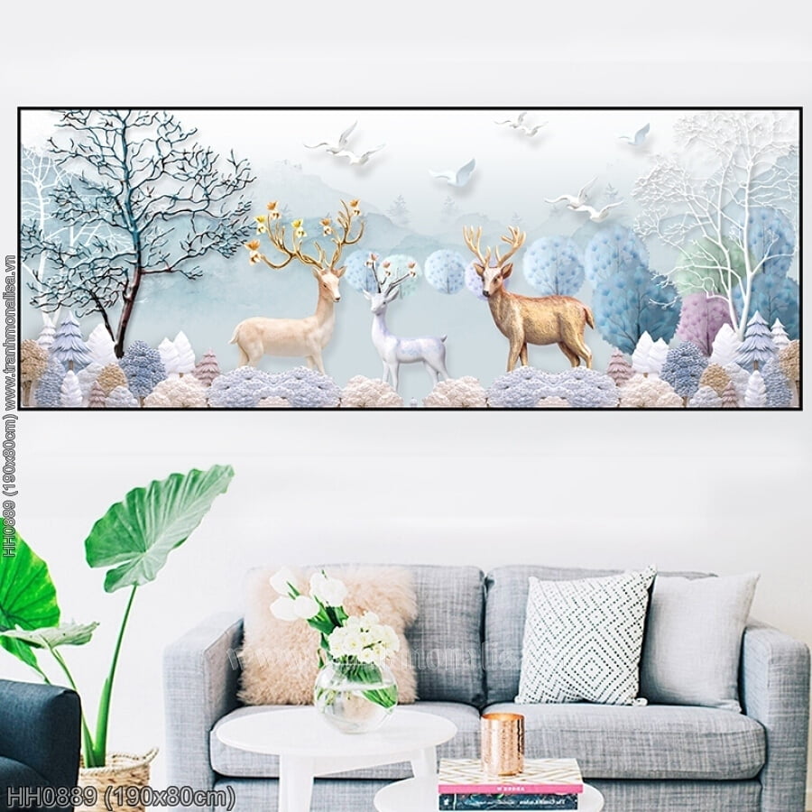 (H2230) Tranh thêu kín Hươu tuyết Hươu nai phát tài 120×55 cm