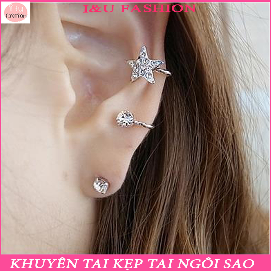 Khuyên tai bông tai kẹp vành tai không cần xỏ lỗ 2 món hình ngôi sao đính đá kèm 1 bông tai nhỏ đính đá, có thể đeo mà không cần bấm lỗ tai - Vô cùng đơn giản cá tính ( 1 bên tai ) KT-19