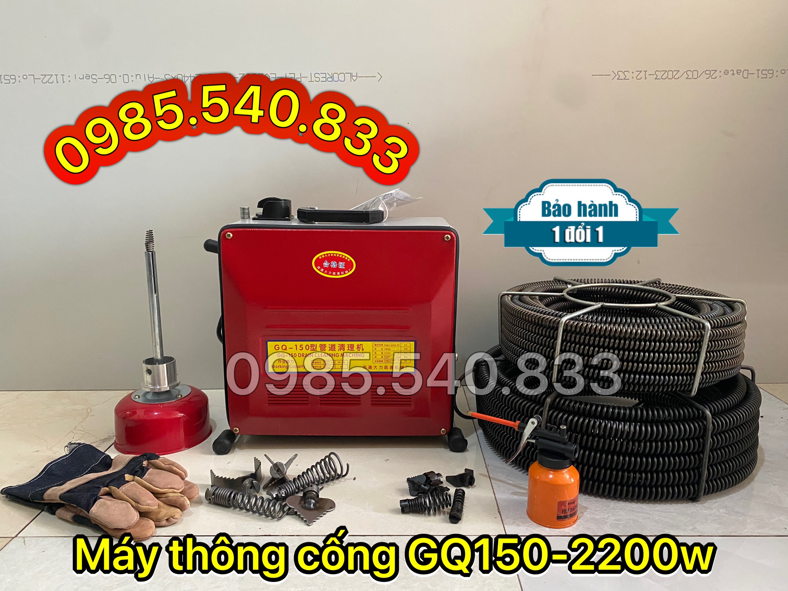 Máy thông tắc gq150-2200w ( phụ kiện gồm: 15m dây 16, 15m dây 22, 1 quả lu phi 8, đầu thông phi 16,22,...)