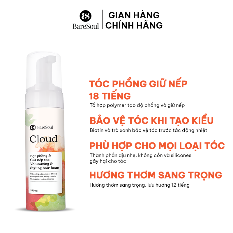 Bọt làm phồng và giữ nếp tóc 18 tiếng BareSoul Cloud Styling Hair Foam 150ml
