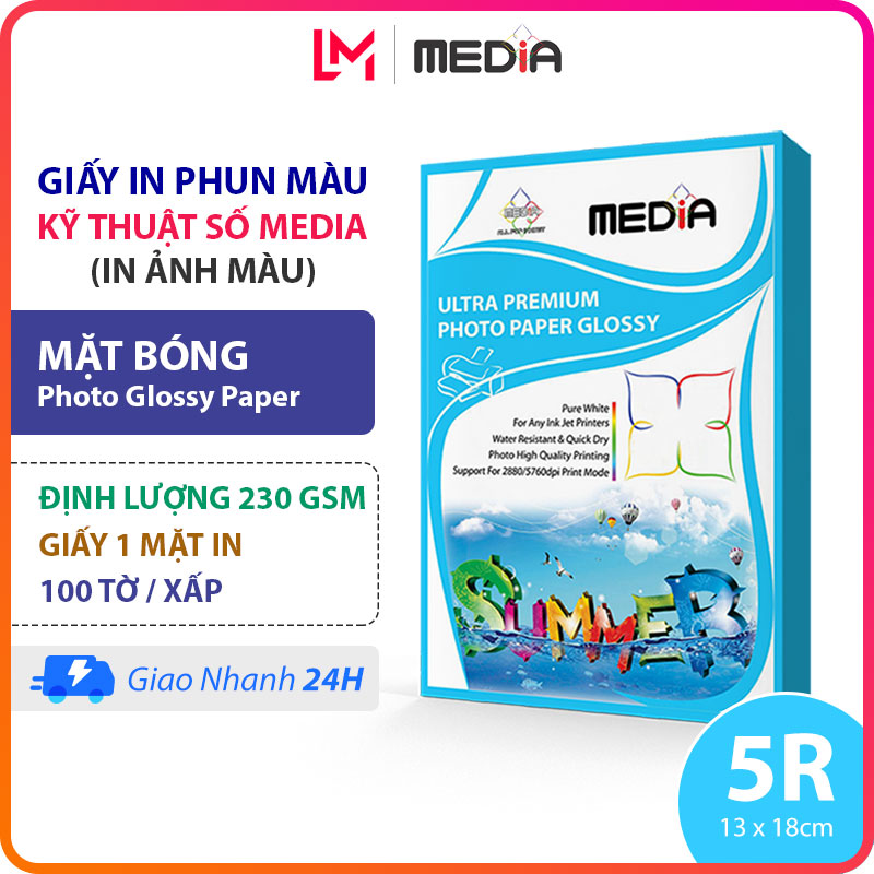 Giấy In Ảnh Media 5R Bóng 1 Mặt In 230gsm 100 Tờ, Giấy Ảnh Glossy Photo Paper 13x18, Giấy In Phun Màu 5R
