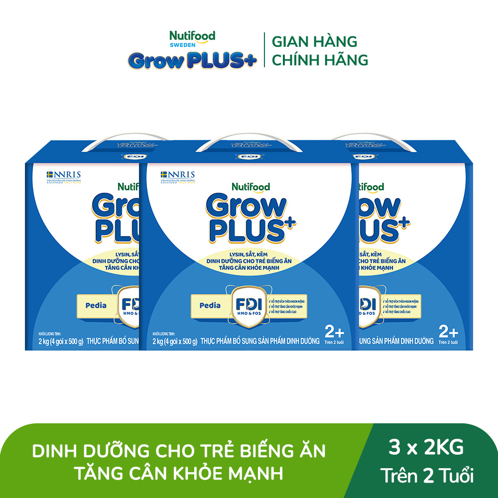 Combo 3 Sữa Bột Nutifood GrowPLUS+ Biếng Ăn (Xanh) 2+ - Hỗ Trợ Kích Thích Ngon Miệng, Tăng Cân Khỏe Mạnh (3 Hộp 2 Kg)