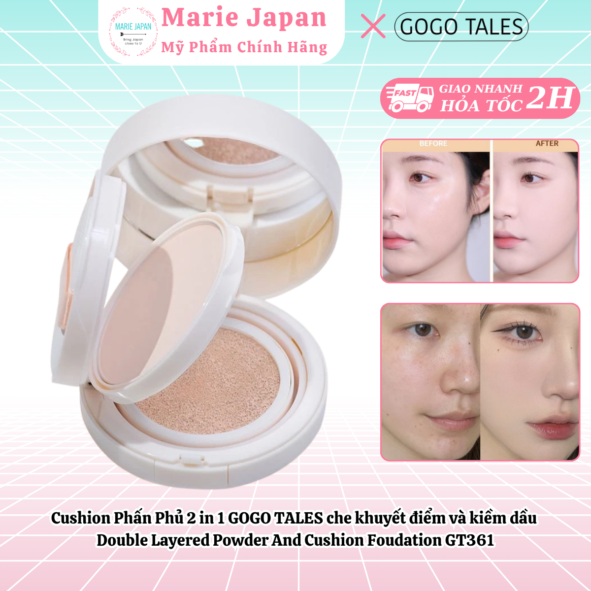Cushion Phấn Phủ 2 in 1 GOGO TALES che khuyết điểm và kiềm dầu Double Layered Powder And Cushion Foudation GT361