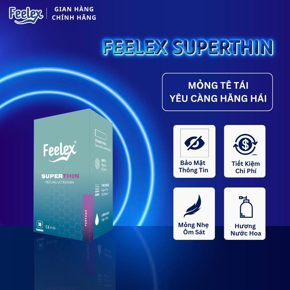 Bao cao su nam gia đình siêu mỏng Feelex Super Thin nhiều gel bôi trơn, hương dâu, vani - Hộp lớn 30 bcs
