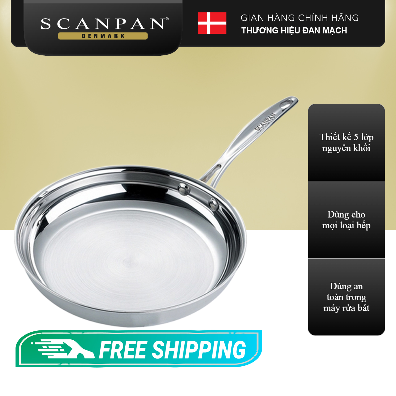 Chảo inox đáy từ Scanpan Fusion5 26cm 74002600, thiết kế 5 lớp đúc liền nguyên khối, an toàn trong máy rửa bát - Hàng chính hãng
