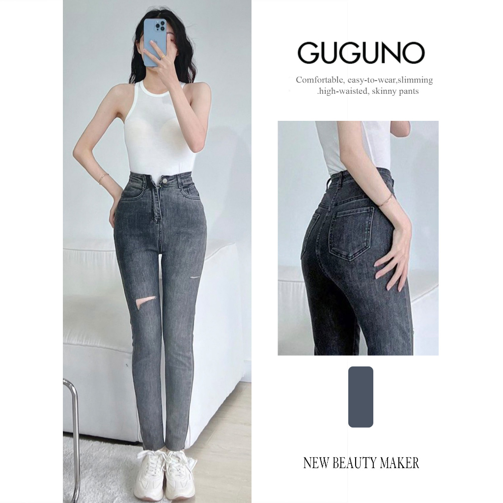 Quần jeans nữ skinny dáng ôm lưng siêu cao trơn basic GUGUNO