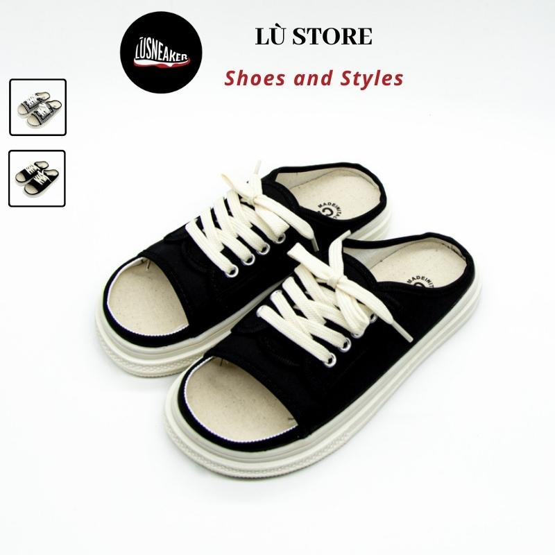 Dép quai ngang [Shop Giày Lù] dép sục nữ dây buộc hở mũi đế bánh mì hai màu đen kẻ caro size 35-39