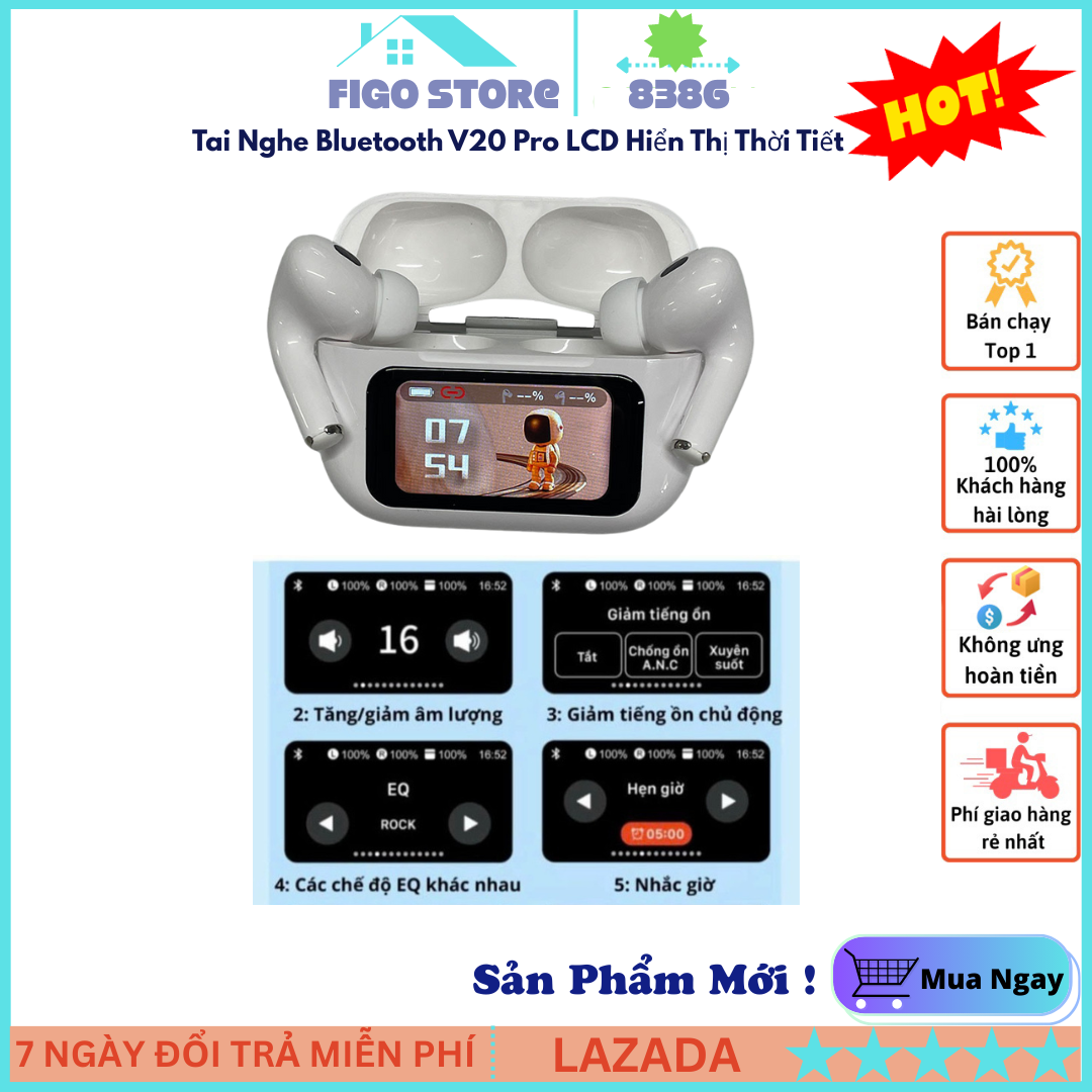 Tai Nghe Bluetooth V20 Pro LCD Hiển Thị Thời Tiết, Tai Nghe Nhét Tai Cao Cấp, âm thanh trong trẻo, đàm thoại không rè, Bảo Hành Lỗi 1 Đổi 1