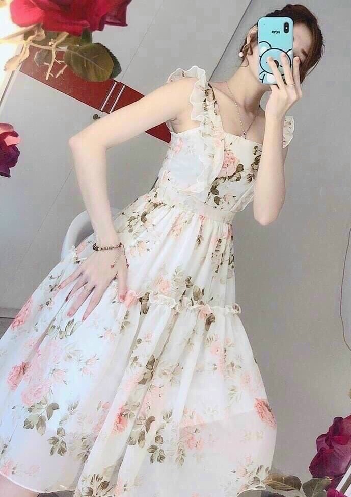 [HCM]Đầm hoa tay bèo dễ thương ba màu trắng màu vàng và màu xanh
