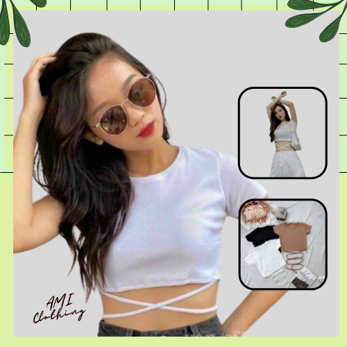 Áo thun croptop phối dây cột eo