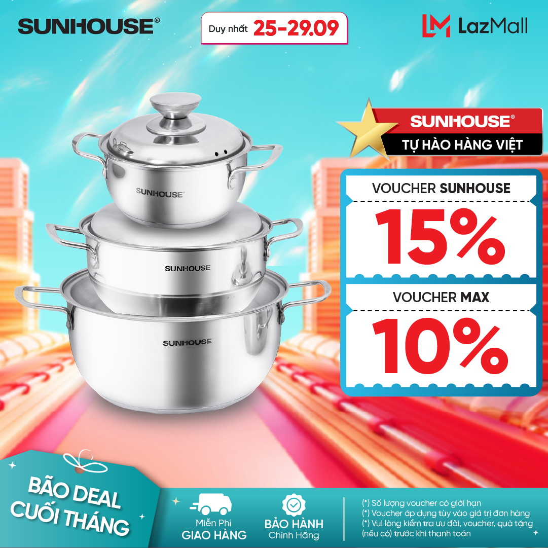 Bộ Nồi Inox 3 Đáy SUNHOUSE SH335 - 16, 20, 24 cm - Đáy 3 Lớp Truyền Nhiệt Nhanh - Chất liệu inox cao cấp không bị oxy hoá - Phù Hợp Mọi Loại Bếp - Hàng Chính Hãng