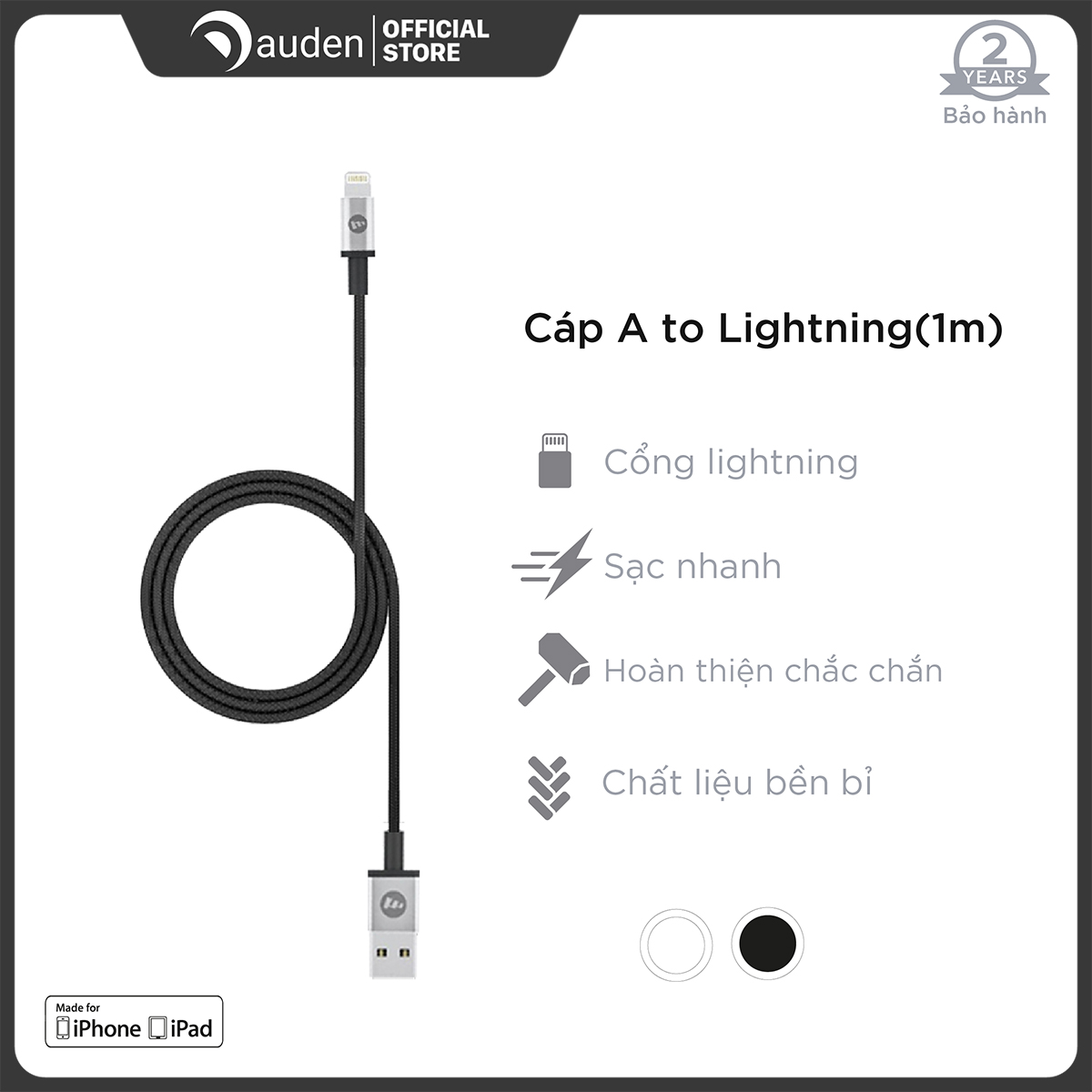Cáp Lightning Mophie dài 1m cho iPhone, chuẩn MFI - Hàng Chính Hãng - Dâu Đen Store