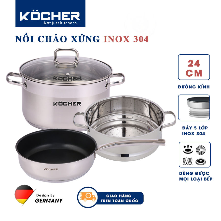Bộ nồi chảo inox cao cấp KOCHER dùng cho mọi loại bếp bao gồm Chảo chống dính 24cm & Nồi luộc gà 24cm & xửng hấp 24cm - Hàng chính hãng