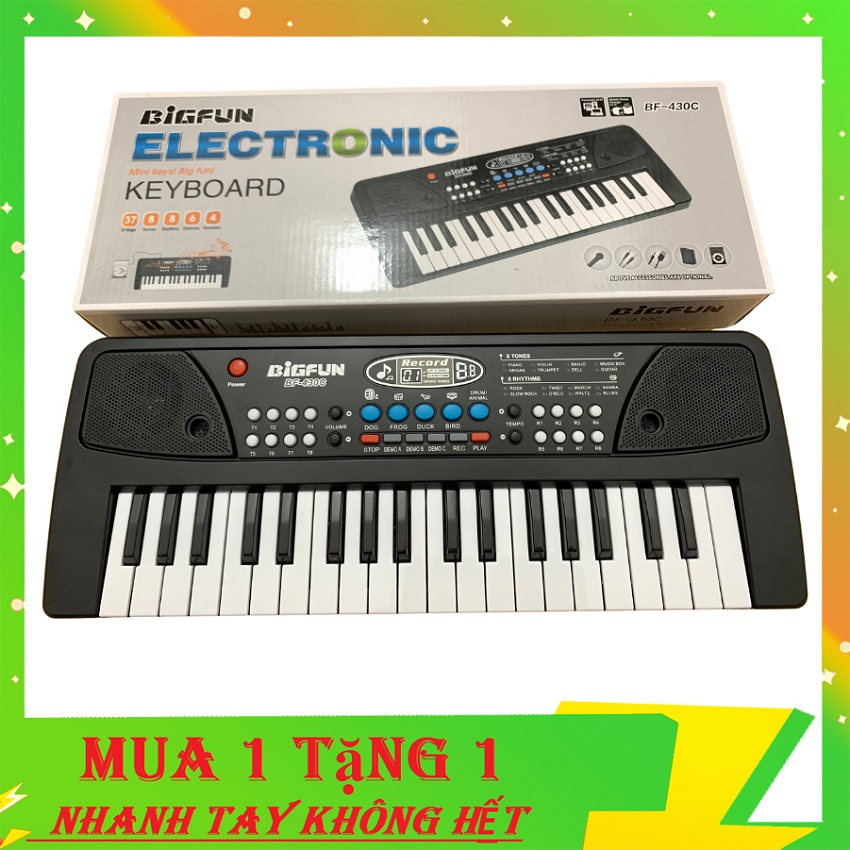 Đồ chơi đàn organ có mic bimbimkay chạy cắm điện, kết nối điện thoại tạo beat giai điệu, 37 phím đa chức năng