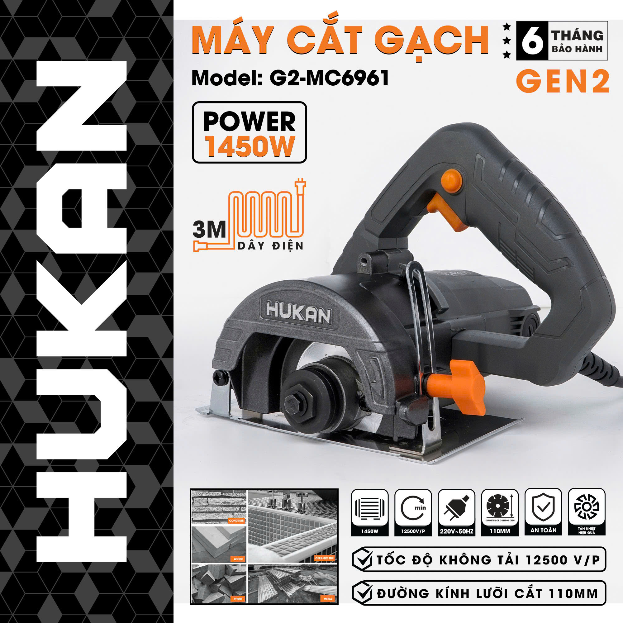 Máy cắt gạch cầm tay HUKAN G2-MC6961, 1450W, Lưỡi 110mm, 12500 vòng phút