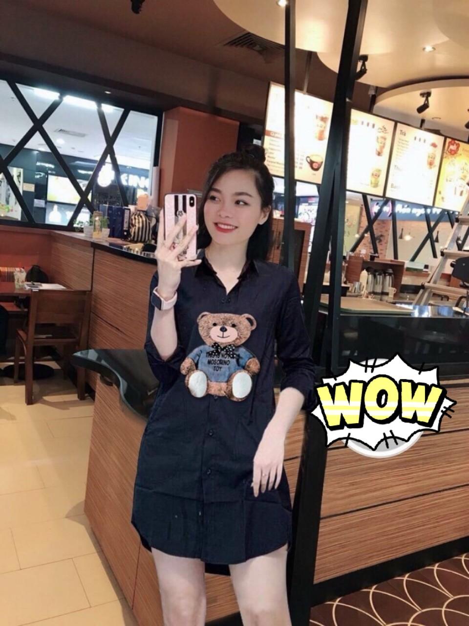 Đầm sơ mi in hình gấu siêu xinh