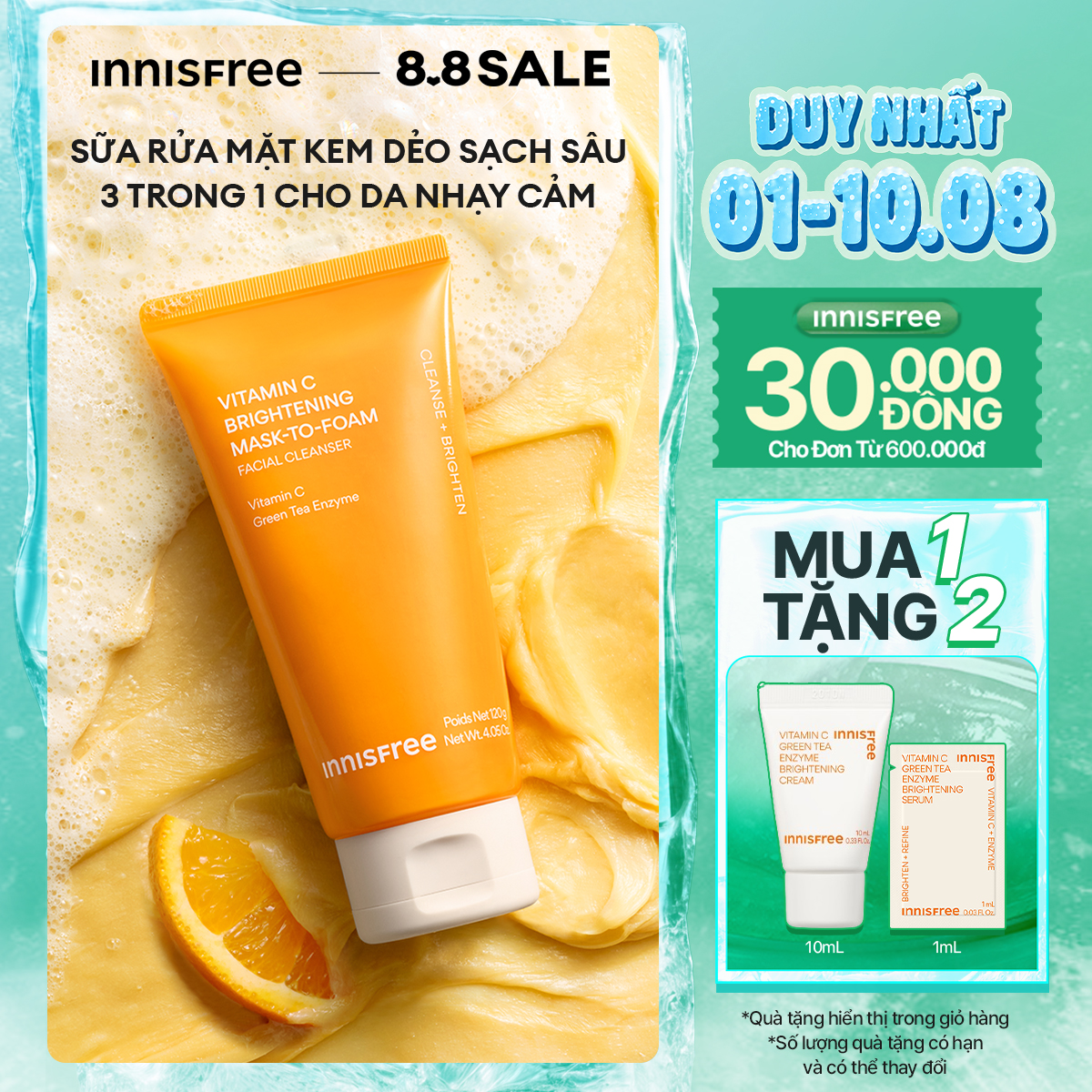 Sữa rửa mặt kem dẻo sạch sâu sáng da dịu nhẹ INNISFREE Vitamin C Brightening Mask-To-Foam Facial Cleanser 120g