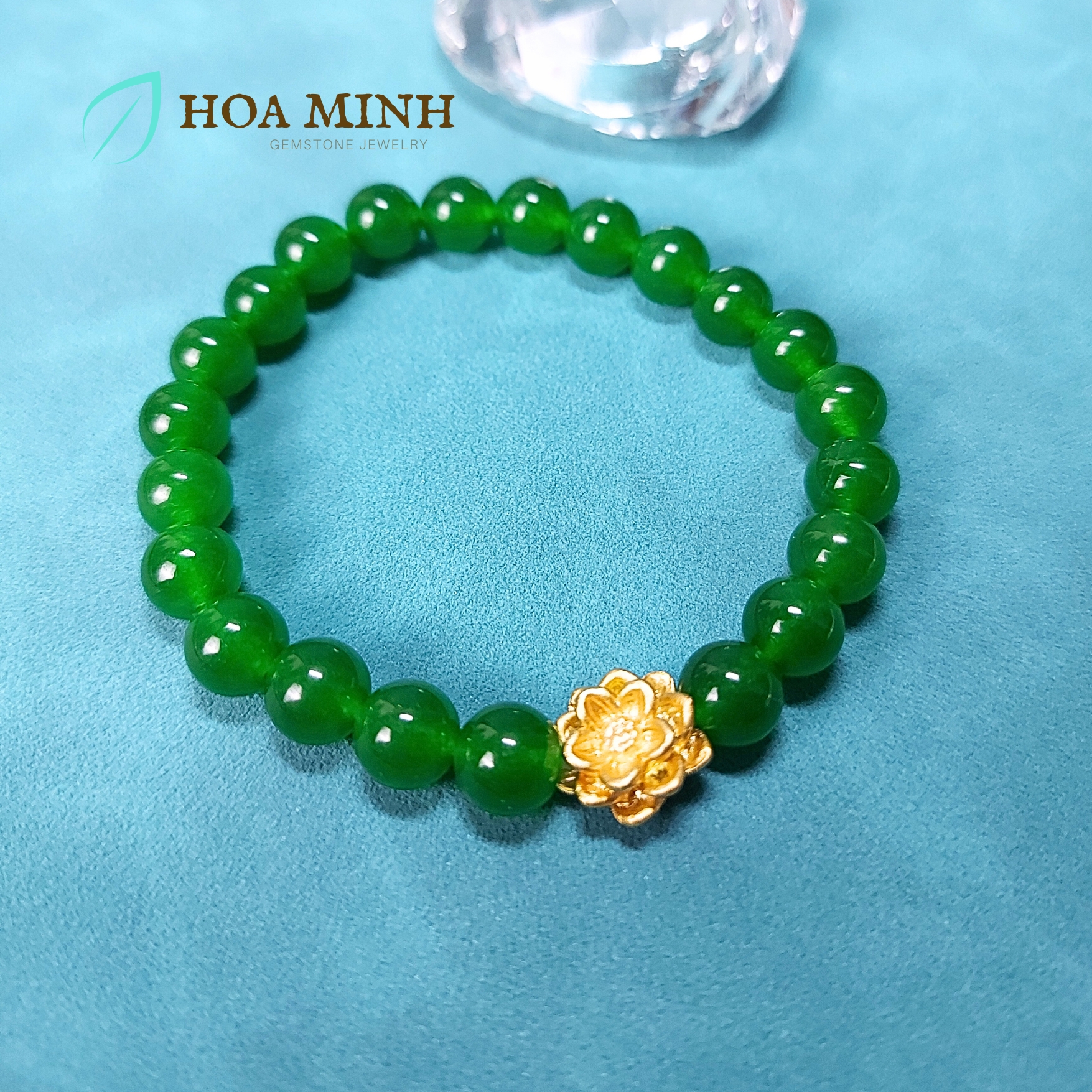 Vòng tay phong thủy đá Mã Não xanh lá cây size hạt 8.3 li phối charm hoa sen xi vàng cao cấp | Hoa Minh Gem