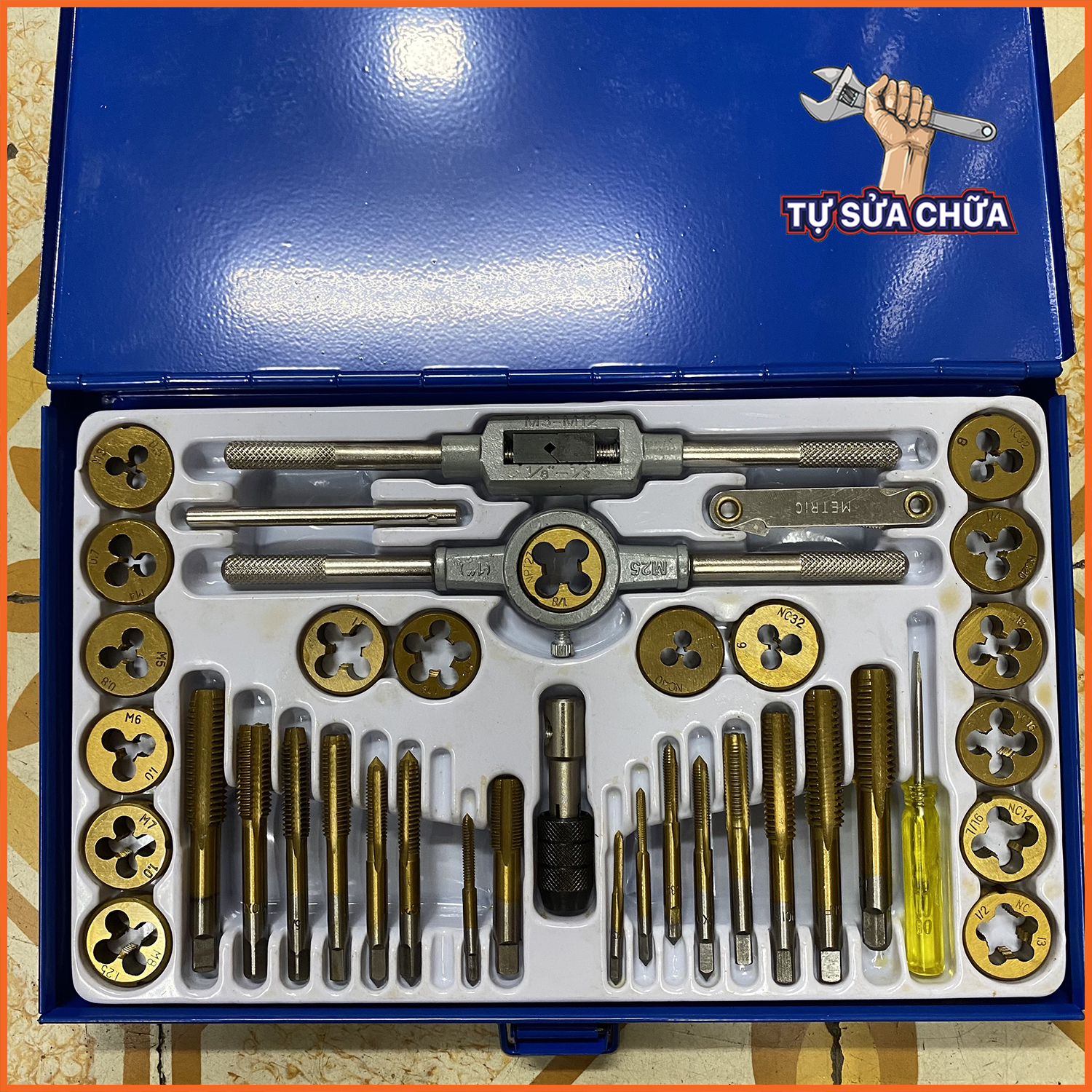 Bộ Taro ren trong, ren ngoài 40 chi tiết C-Mart A1012 nhập khẩu Taiwan, bộ tạo ren C-Mart tap & die set-metric and inch
