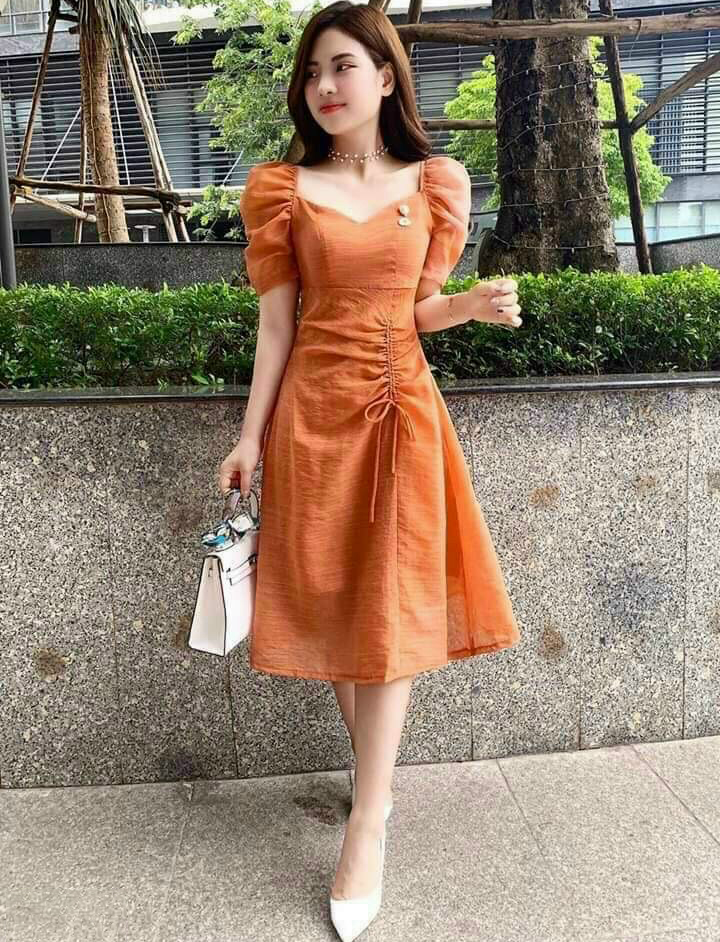 [Mẫu Hot] Đầm Váy Nữ Tay Phồng Rút Dây Chất Đũi Nhăn Cao Cấp ( Có Phụ Kiện Đính Kèm ) Thời Trang Kiểu Cách Đi Chơi, Đi Dự Tiệc D.ONE FASHION, Mẫu Free Size (40-55Kg) Mặc Vừa