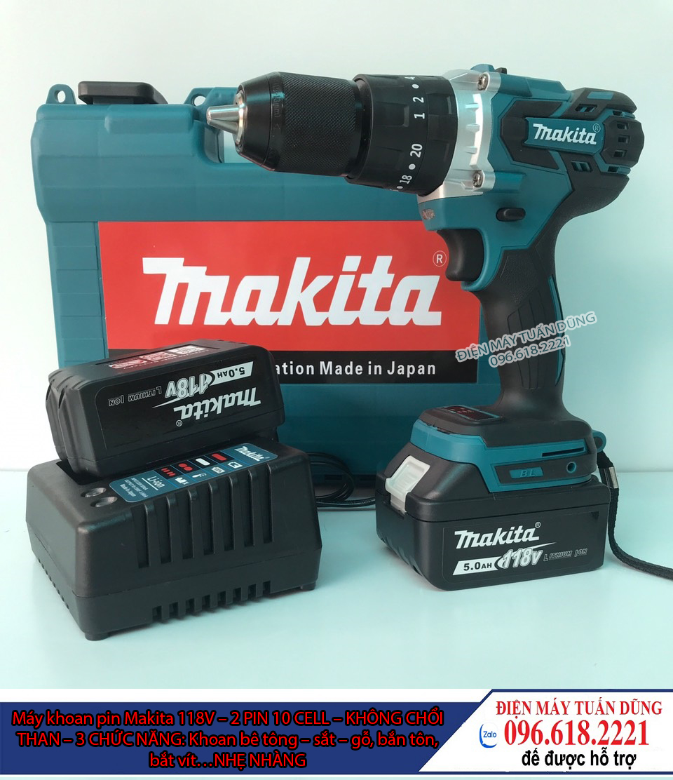 Máy khoan cầm tay pin Makita 118V Động cơ Không Chổi Than Siêu mạnh mẽ và bền bỉ