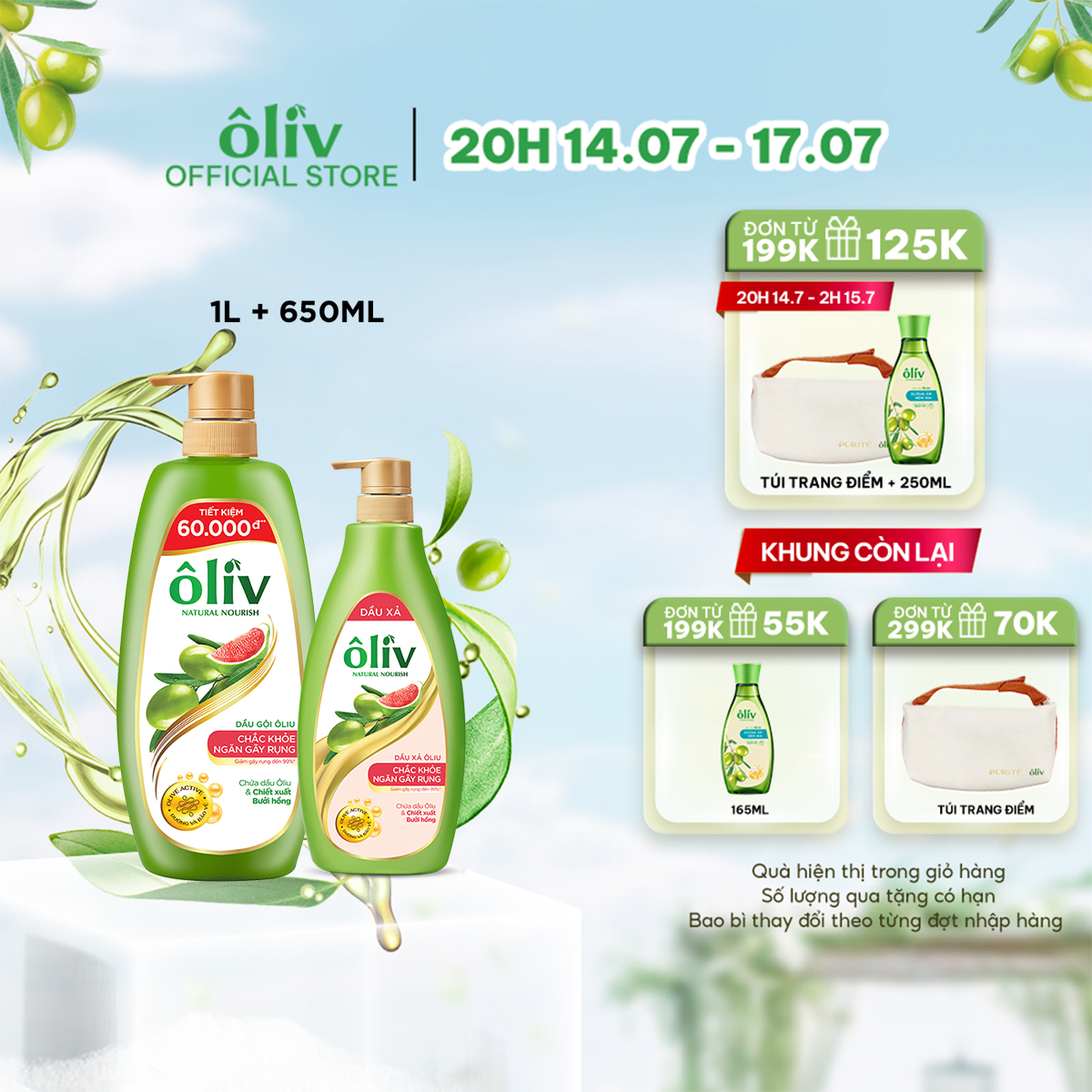 Combo Dầu gội Ôliv chắc khỏe 1L + Dầu xả Ôliv chắc khỏe 650ml