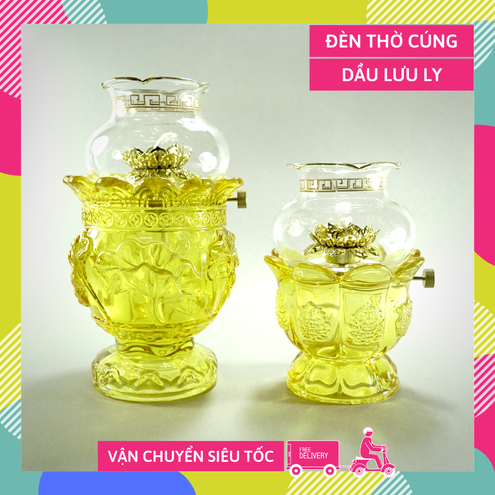 [HCM]Đèn dầu thờ cúng Phật pha lê vàng đốt dầu lưu ly dầu hỏa chuôi vàng - Nhiều cỡ