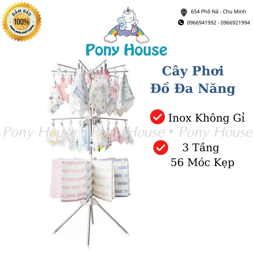 Cây Phơi Đồ Inox Đa Năng 3 Tầng 56 Kẹp - Móc Phơi Quần Áo, Tất, Khăn, Đồ Em Bé Trẻ Sơ Sinh Tiện Lợi