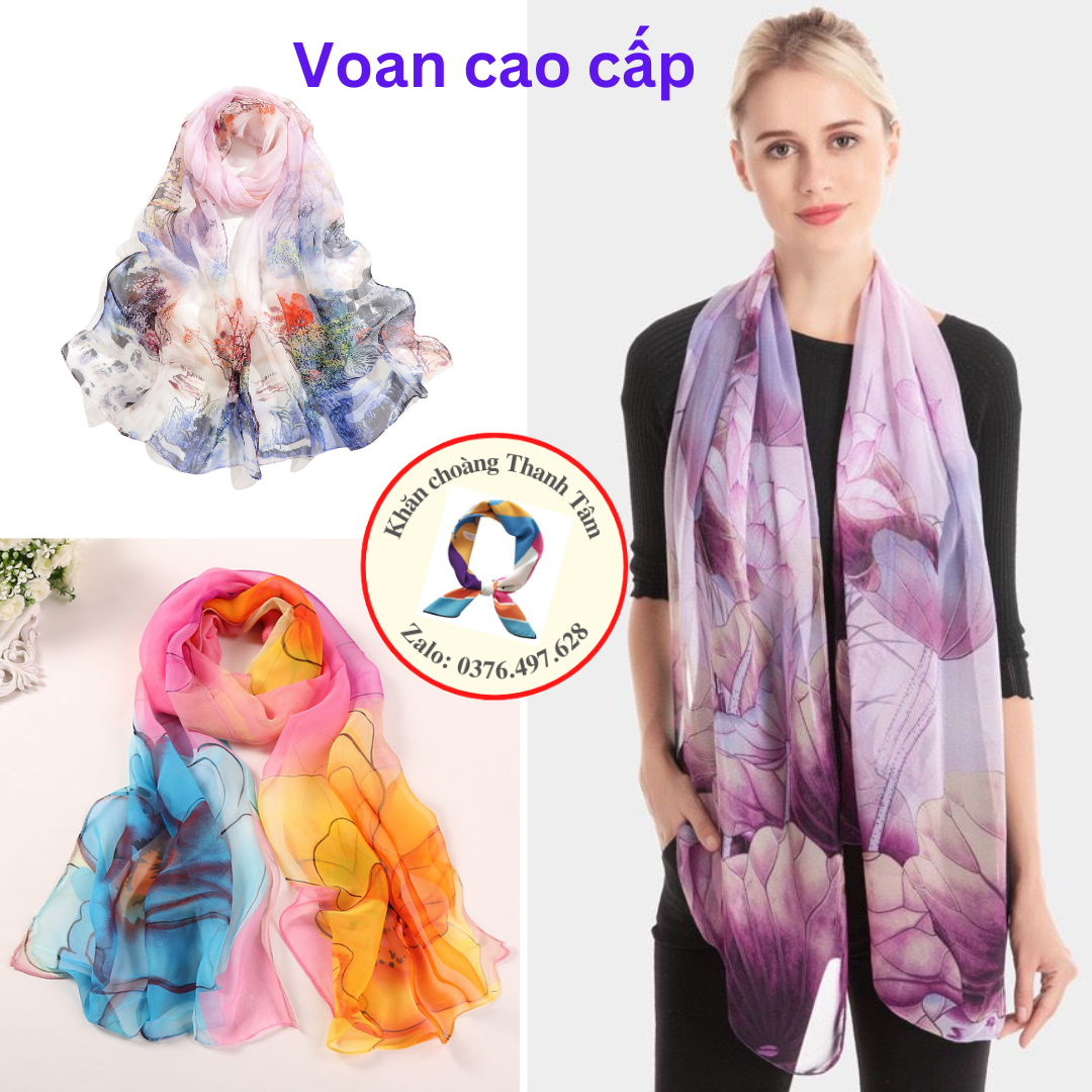 Khăn choàng voan hè thu 160x50cm Họa tiết Hoa Sen đi biển đi du lịch