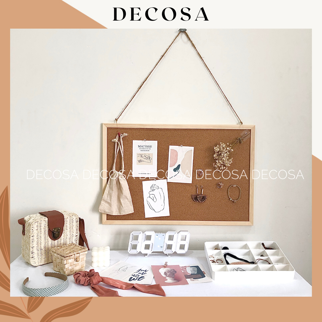 Bảng ghim bần khung gỗ treo ảnh giấy note ghi chú có móc treo tường DECOSA
