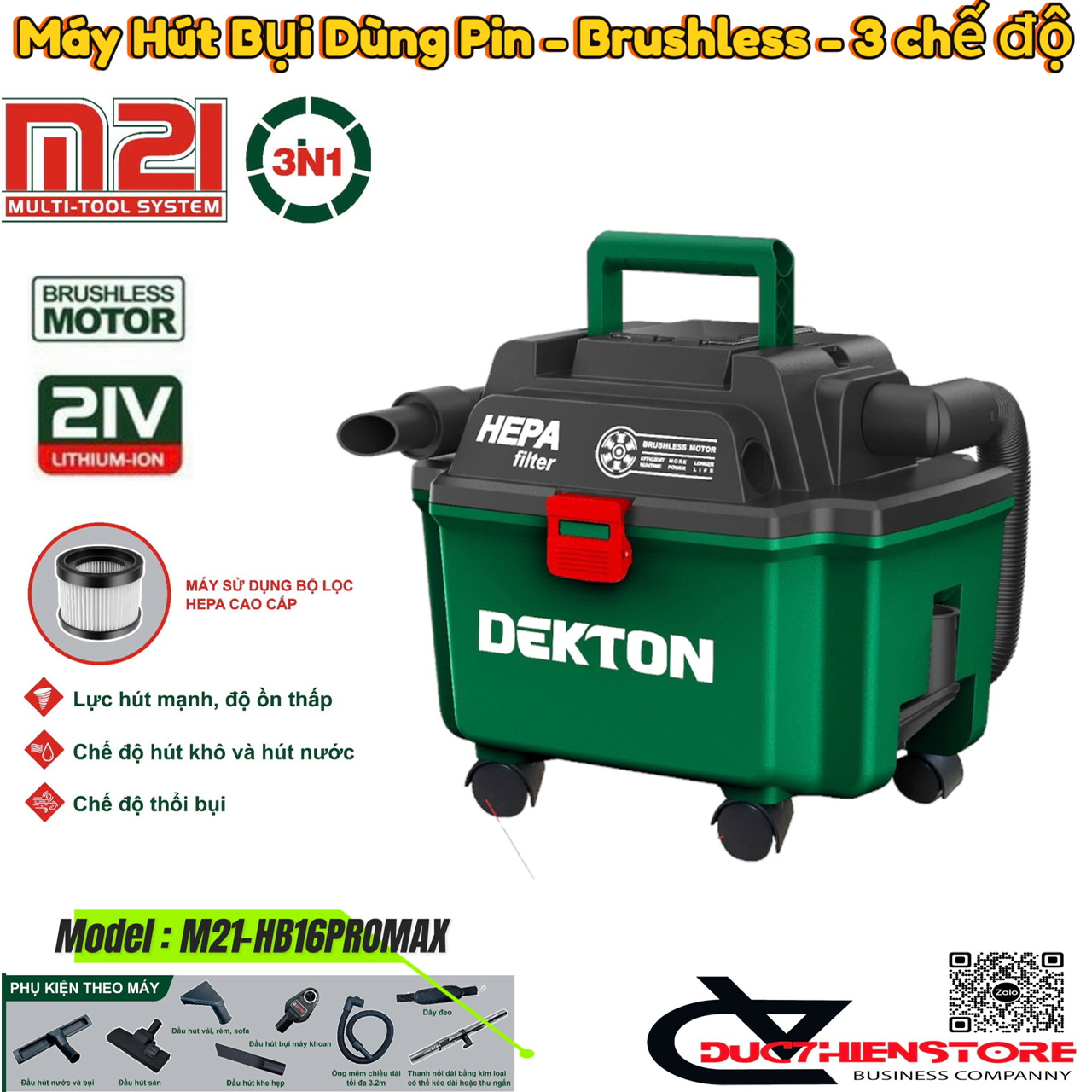 Máy hút bụi dùng pin Dekton M21-HB16PROMAX Brushless thổi bui hút bụi khô ướt 9-16kpa chinh hãng dekton