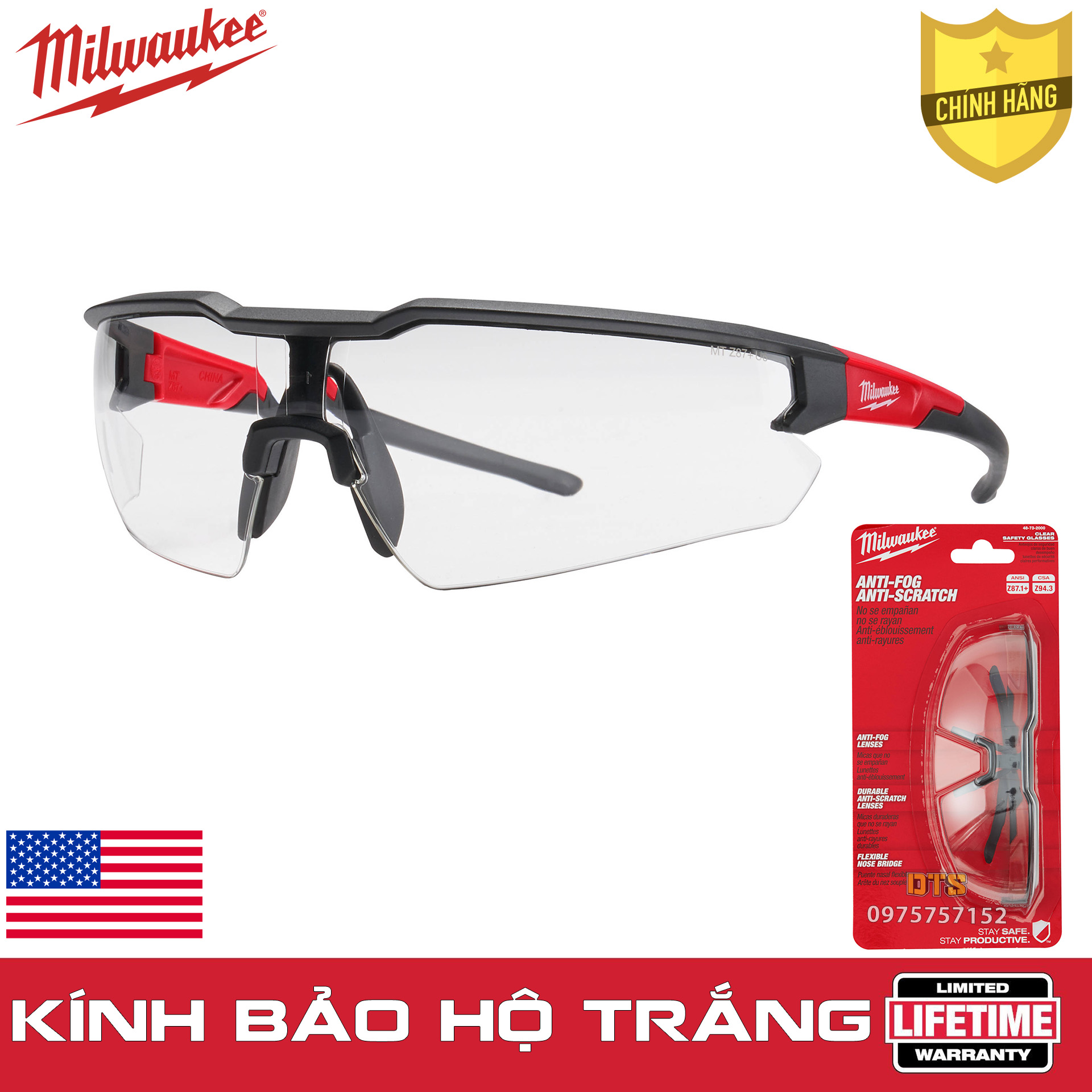 Kính bảo hộ trắng Milwaukee Mỹ kính chống bụi, chống hơi nước trầy xước vượt trội, mắt kính trong suốt ngăn chặn tia UV, bảo vệ mắt lao động, đi xe máy, chống đọng sương, kính bảo hộ lao động, kính chống giọt bắn