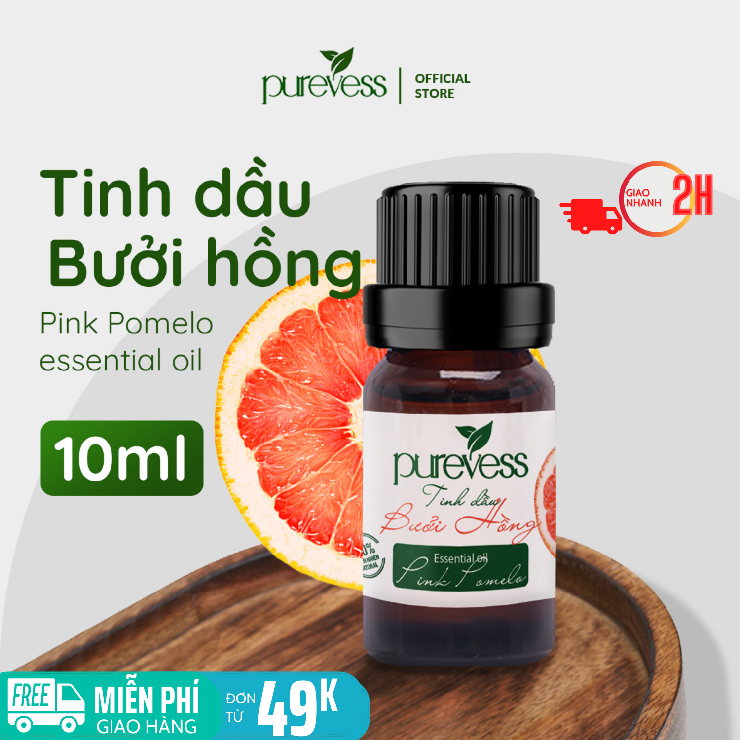 Tinh dầu thiên nhiên Bưởi Hồng Purevess 10ml nâng cao tinh thần, giảm mệt mỏi. Giảm tóc gẫy rụng, giúp tóc chắc khỏe và bóng mượt. Pink Pomelo Essential Oil.