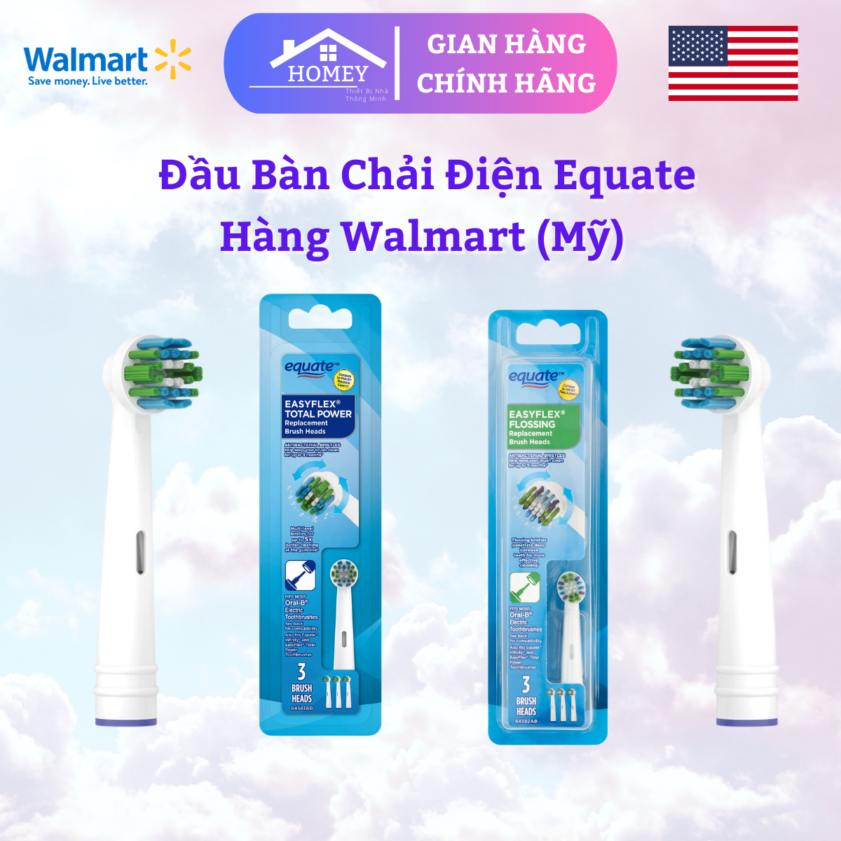 Homey - vỉ 3 đầu bàn chải điện equate - hàng walmart