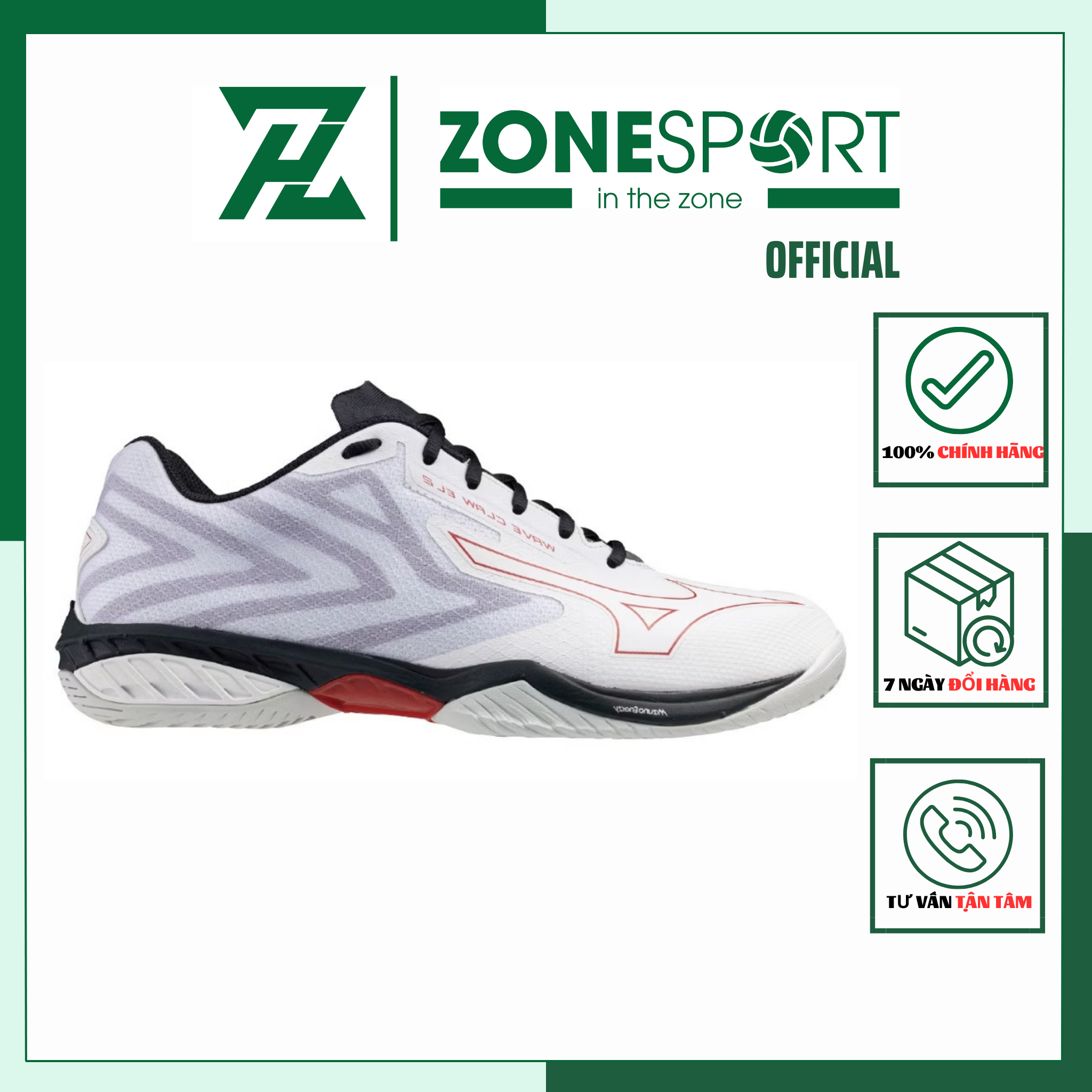 Giày Mizuno Wave Claw EL 2 Trắng Đỏ Xám - Giày Chuyên Cầu Lông Bóng Chuyền Tennis cổ thấp đế bám sàn hỗ trợ di chuyển