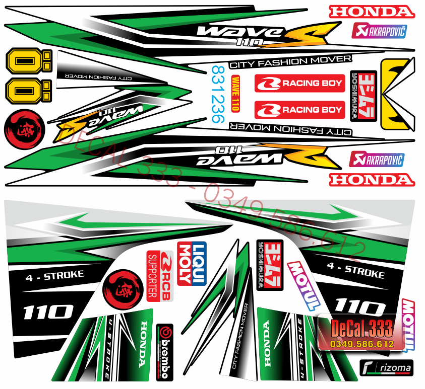 Tem Rời WAVE ALPHA 110 Mẫu Chữ S XANH LÁ TRẮNG 831236 (Tem 3 Lớp Chống Phai Màu)