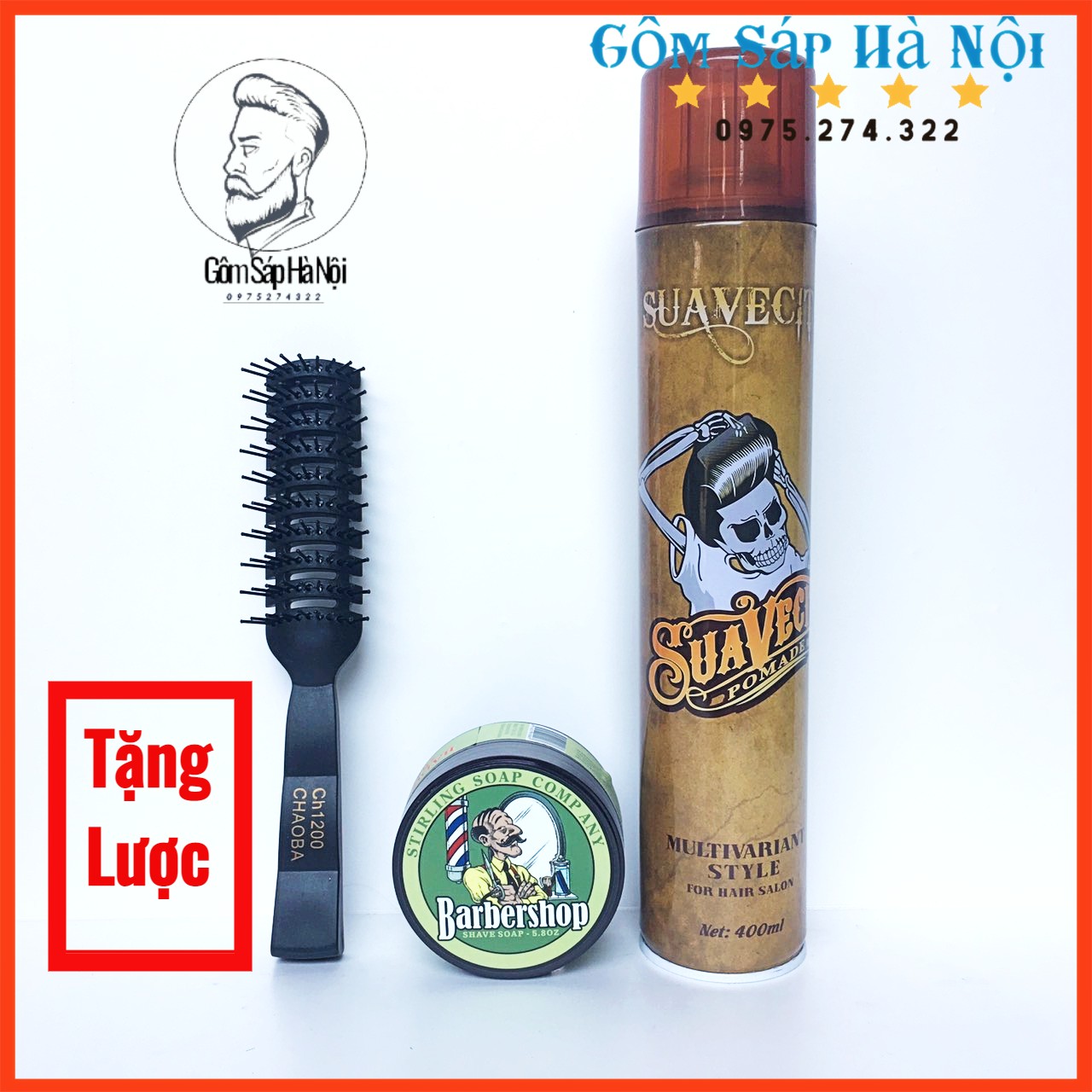 Combo Sáp Vuốt Tóc Nam Barber shop Shave Soap + Gôm Xịt Tóc Suavecito 400ml + Lược