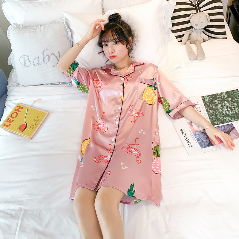 Đầm ngủ lụa satin kiểu sơmi form suông freesize