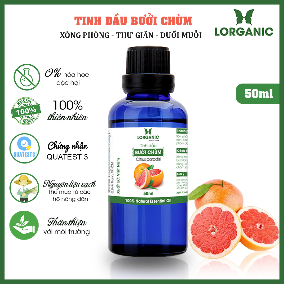 Tinh dầu bưởi chùm Lorganic Citrus paradisi 50ml, 10ml